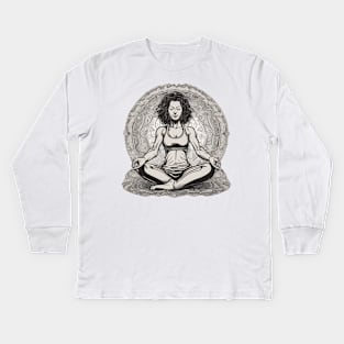 Meditation yoga relax mandala black and white zen design Kids Long Sleeve T-Shirt